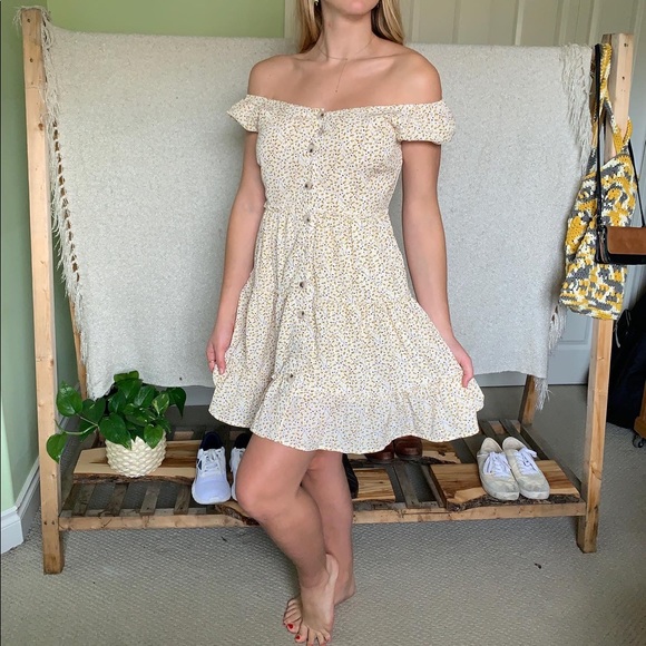 Off the shoulder yellow patterned mini dress. - Picture 2 of 2